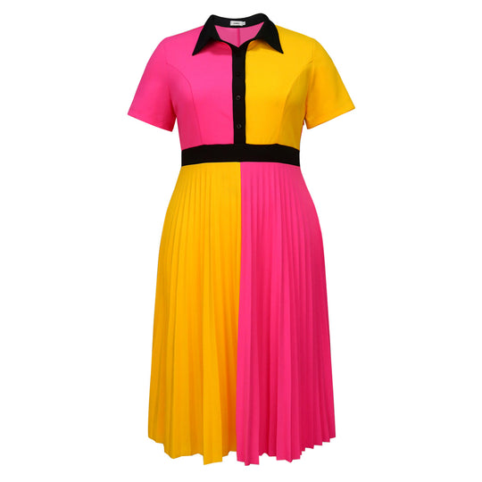 Damen plissiertes Kleid mit Umschlagkragen und kontrastierenden Farbblöcken R&B