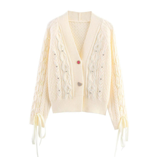 Damen elegante Strickjacke mit dekorativen Knöpfen und Rüschendetails R&B