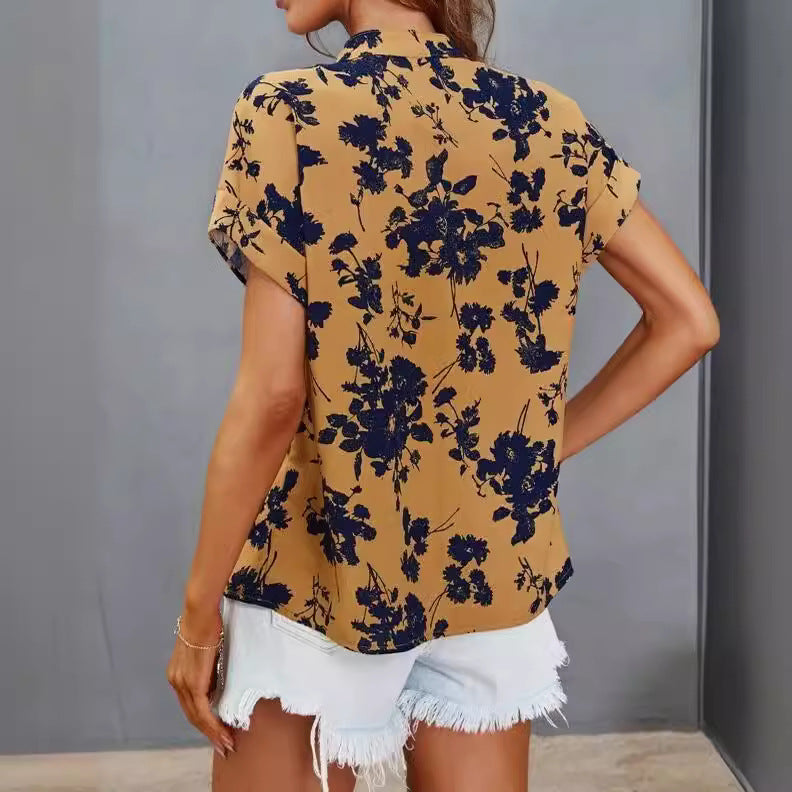 Damen lässige Bluse mit floralem Muster und kurzer Knopfleiste R&B