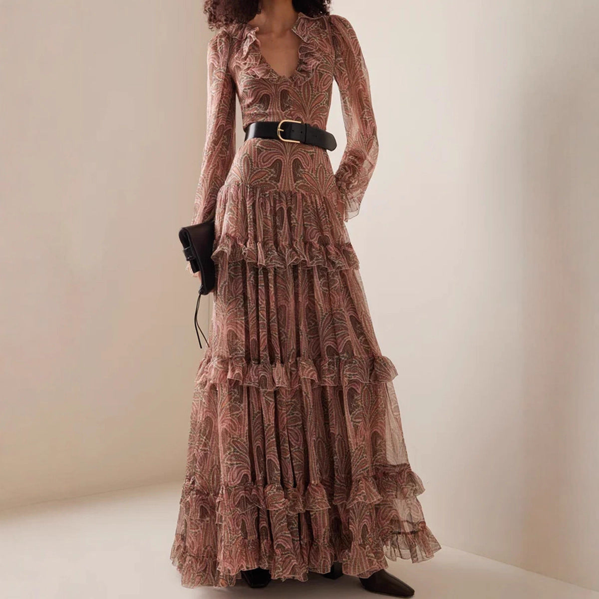 Damen Maxikleid mit rüschenverziertem Gewe und elegantem V-Ausschnitt
