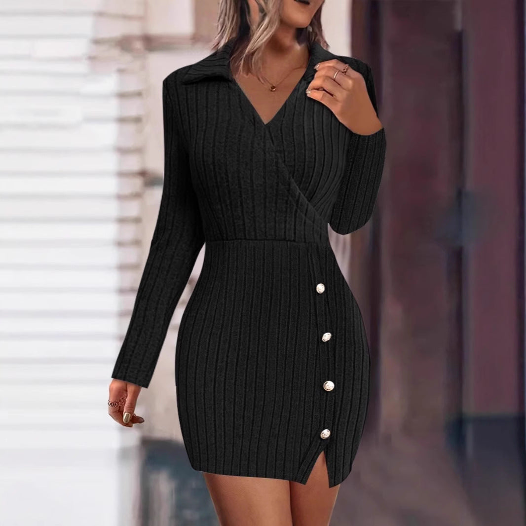 Damen Strickkleid mit V-Ausschnitt und Knopfdetails R&B