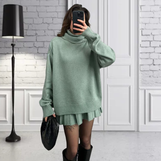 Damen Oversized Strickpullover mit hochwertiger Rippstruktur und passendem Minirock R&B