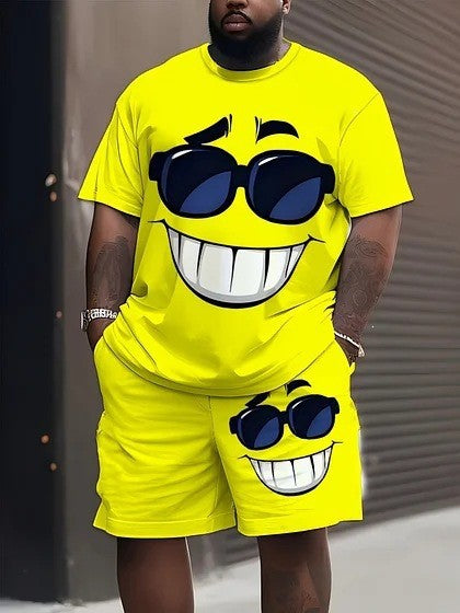 Herren nan lässiges Freizeit-Zweiteiler-Set mit großflächigem Smiley-Sonnenbrillen-Print R&B