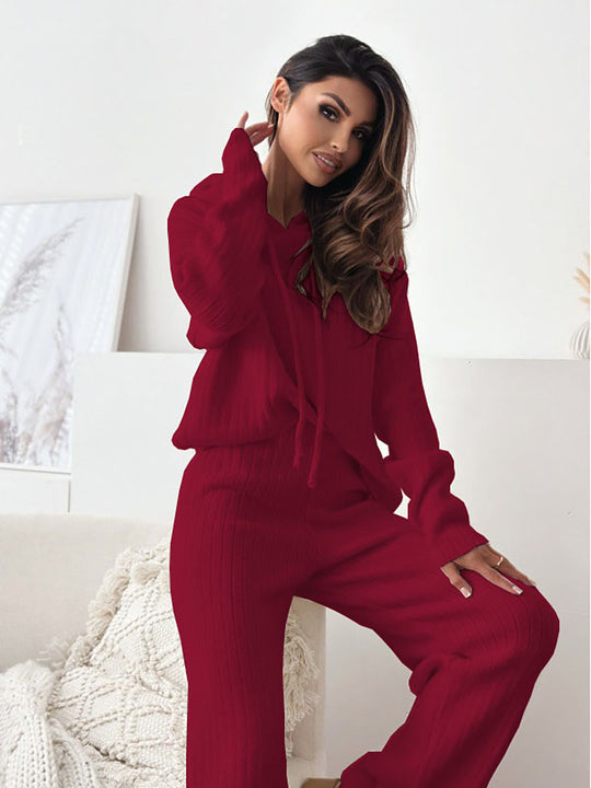 Damen Strick Lounge-Set mit Kapuze und weitem Beinschnitt R&B