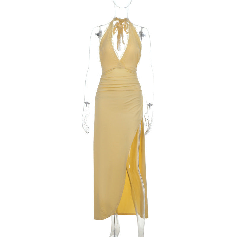 Damen Elegantes Sommermaxikleid mit Halterneck und seitlichem Schlitz R&B