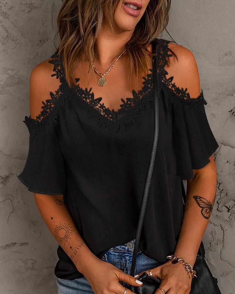 Damen Bluse mit Spitzendetails und schulterfreiem Design R&B