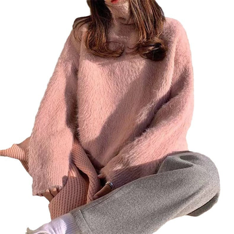 Damen Flauschiger Pullover mit Lockere Passform und Hohem Kragen R&B