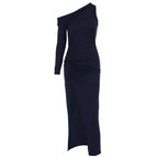 Damen figurbetontes Maxikleid mit asymmetrischem Ausschnitt und eleganten Rüschendetails R&B