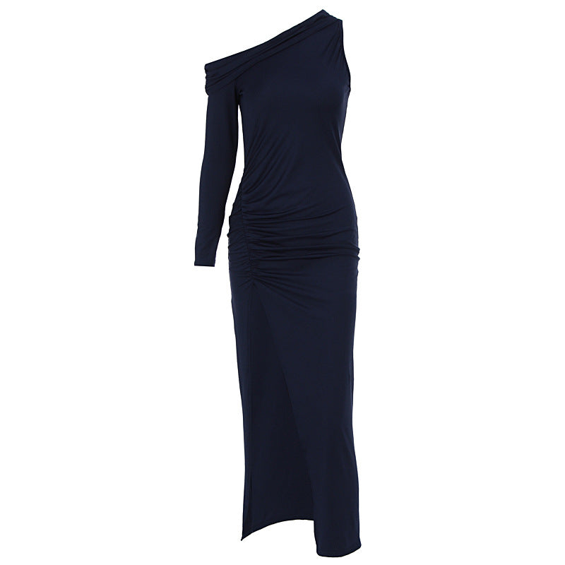 Damen figurbetontes Maxikleid mit asymmetrischem Ausschnitt und eleganten Rüschendetails R&B