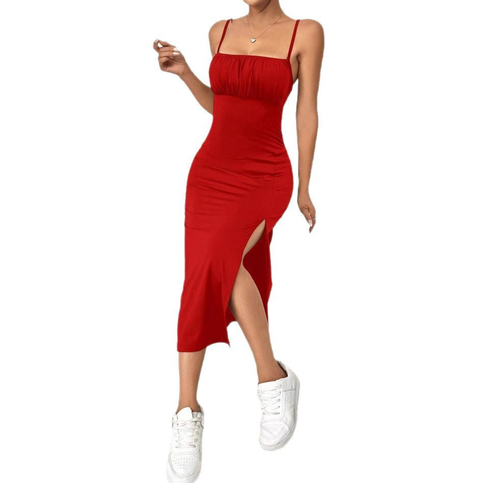 Damen elegantes Midikleid mit schmalem Schnitt und Schlitz R&B