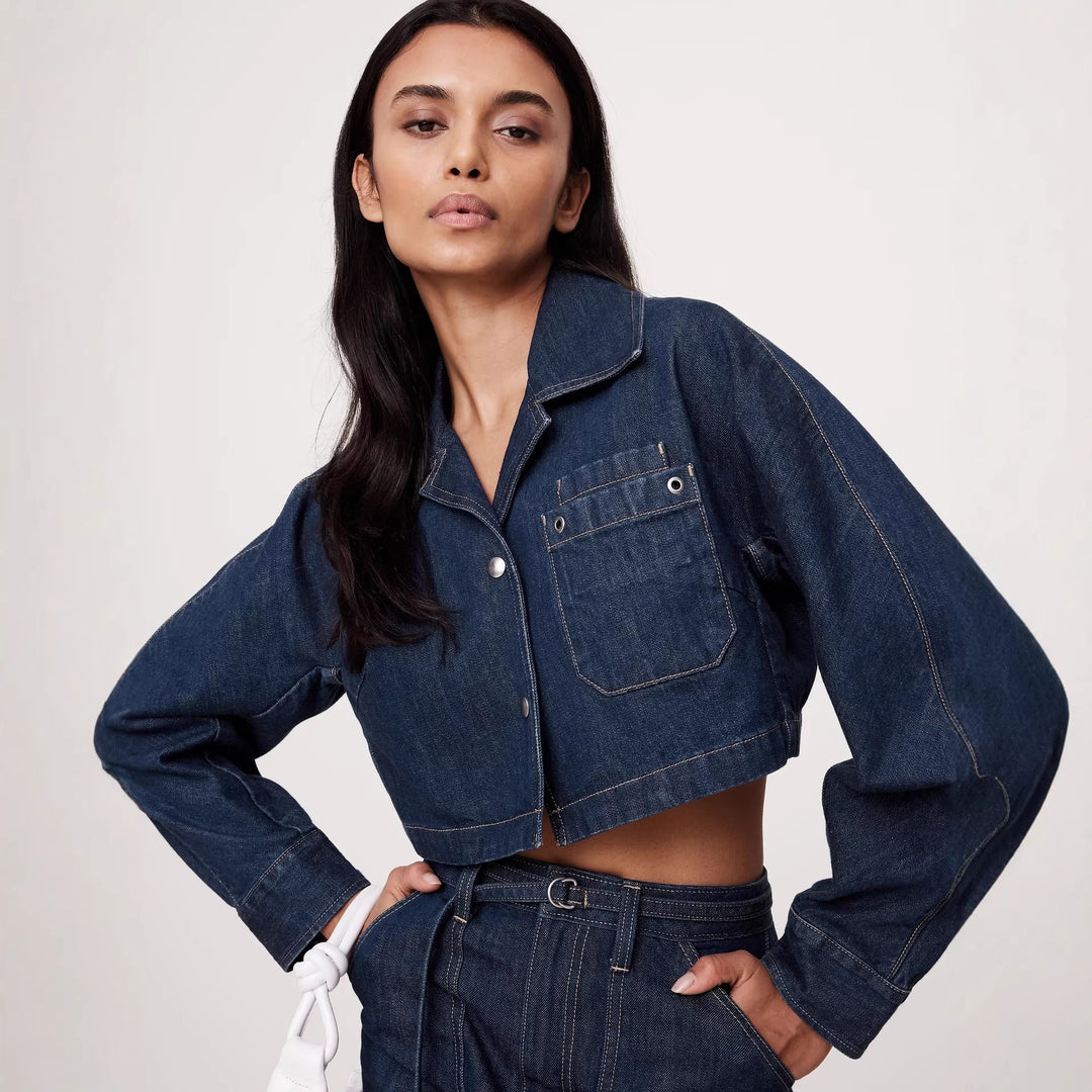Damen Denim-Crop-Jacke und Minirock Set R&B