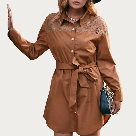 Damen Hemdblusenkleid mit Spitzenbesatz und taillierbarem Gürtel R&B