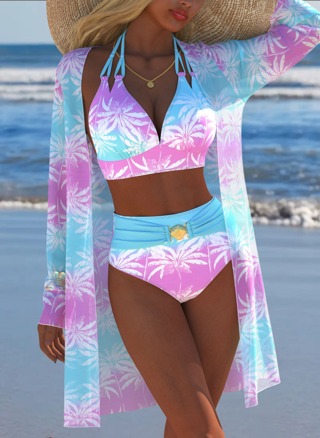 Damen Bikini-Set mit kreativem geometrischen Design und hohem Bund R&B