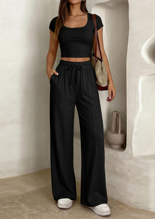 Damen lässiges Cropped-Top und weite Hose Set R&B