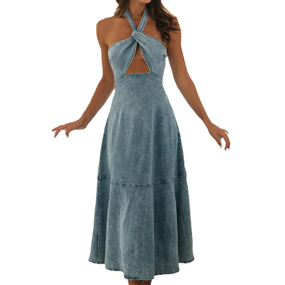 Damen lässiges Denim Maxikleid mit verspieltem Ausschnitt und Schnittdetails R&B