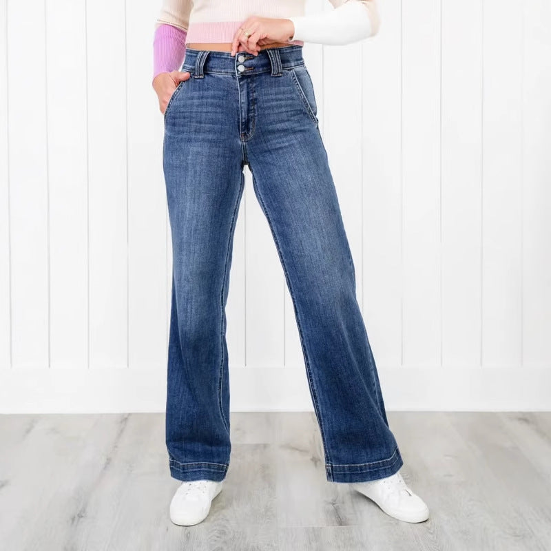 Damen Weit geschnittene Jeans im Vintage-Stil mit hohem Bund und eleganten Nähten R&B