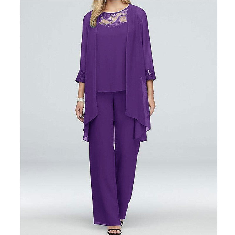 Damen nan fließendes Chiffon-Abendensemble mit Spitzenbesatz, Kimono-Cardigan und weiter Palazzohose R&B