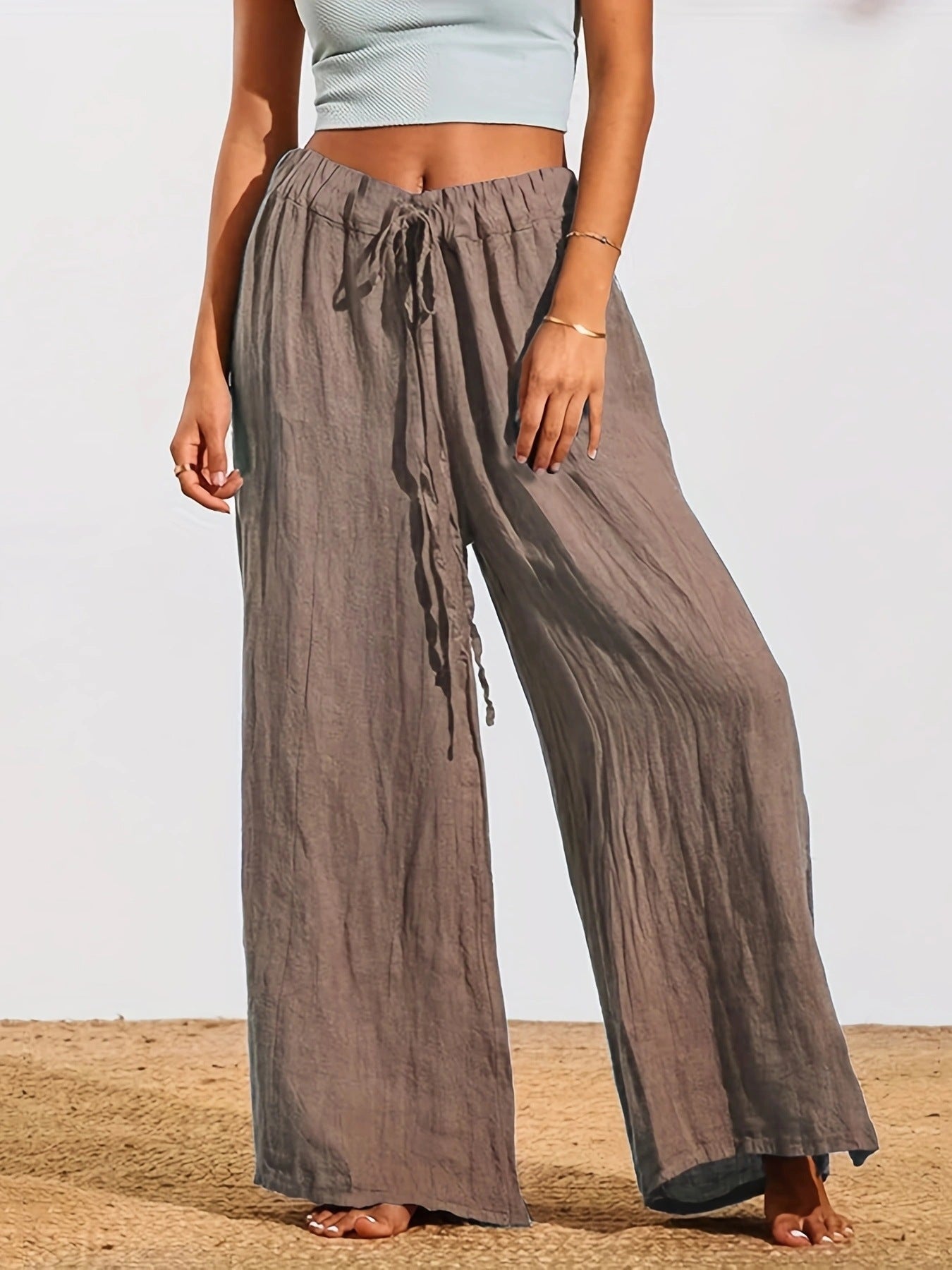 Damen Weite Sommertuchhose mit elastischem Bund und Bindegürtel R&B