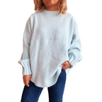Damen lässiger Strickpullover mit weitem Rundhalsausschnitt und fluffiger Textur R&B