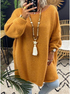 Damen lässiger Langarmstrickpullover im Oversized-Stil mit seitlichen Schlitzen R&B