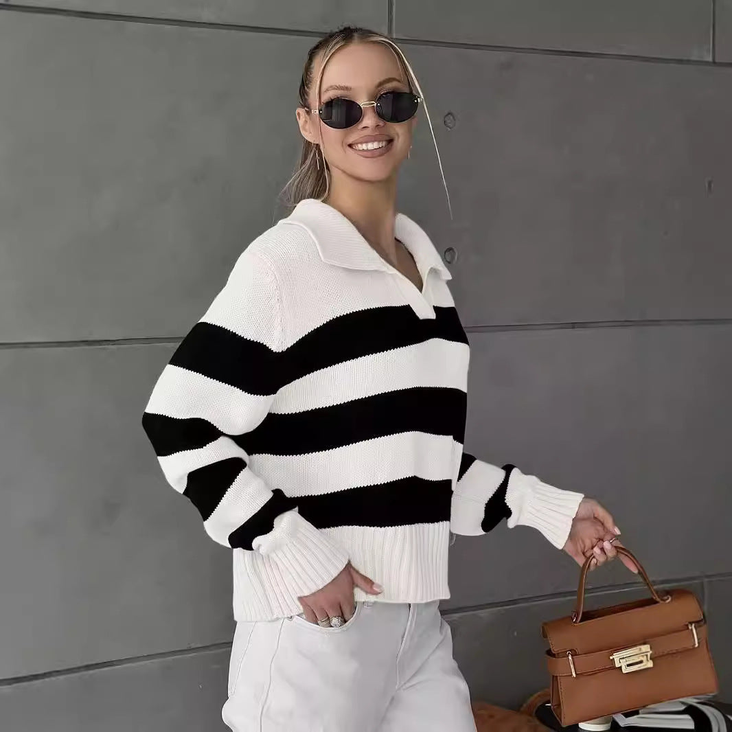 Damen Grob gestrickter Pullover mit breitem Kragen und Blockstreifendesign R&B