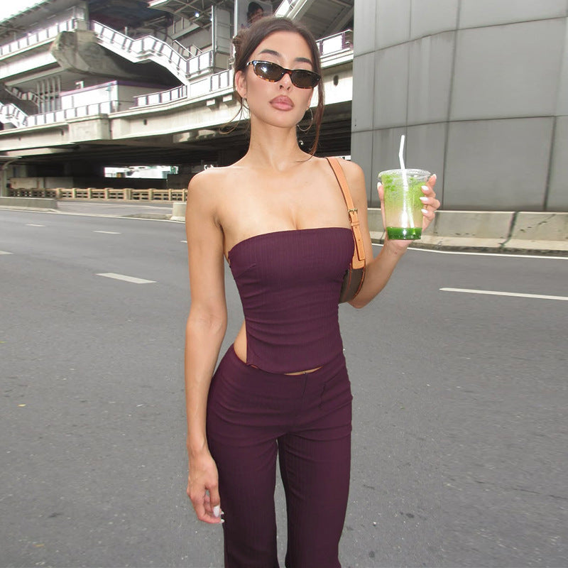Damen elegantes Set aus trägerlosem Oberteil und flared Hose R&B