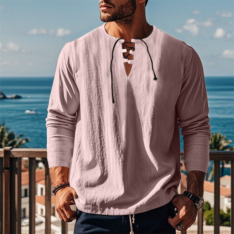 Herren modisches Langarmshirt mit Schnürung und V-Ausschnitt R&B