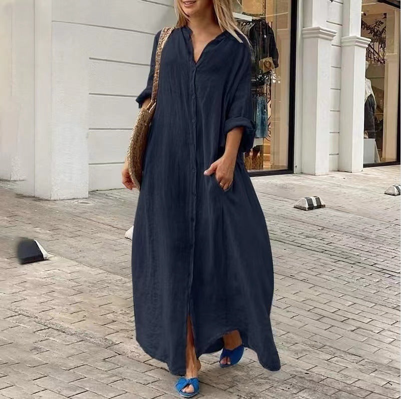R&B | Einreiher Baumwoll-Leinen Plus Size Langkleid
