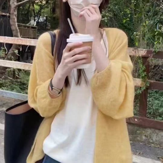 Damen flauschiger Cardigan mit lockerem Schnitt und weichen Ärmeln R&B
