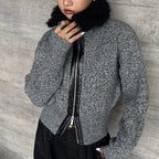 Damen Strickjacke mit kontrastierendem Kragen und seitlichem Reißverschluss R&B