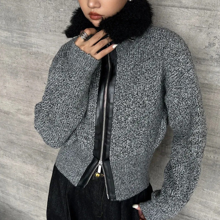 Damen Strickjacke mit kontrastierendem Kragen und seitlichem Reißverschluss R&B