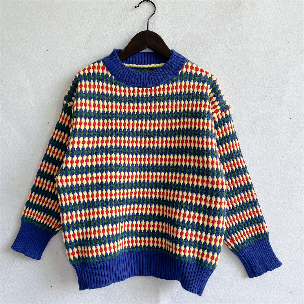 Damen lässiger Strickpullover mit buntem Rautenmuster und Rundhalsausschnitt R&B
