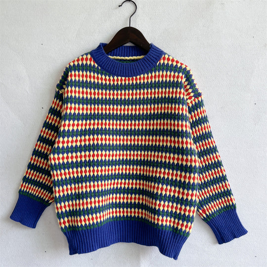 Damen lässiger Strickpullover mit buntem Rautenmuster und Rundhalsausschnitt R&B