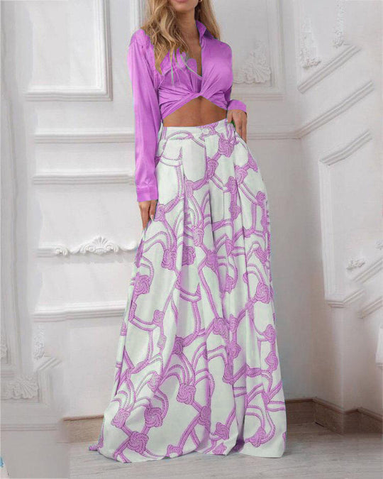 Damen elegantes Wickeloberteil mit langem Ärmel und Maxi-Rock R&B