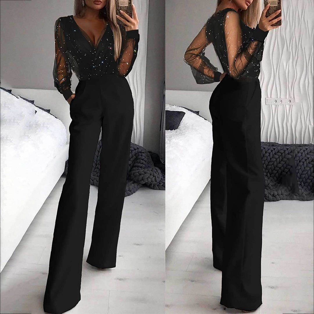 Damen Eleganter Jumpsuit mit transparenten Ärmeln und funkelnden Details R&B