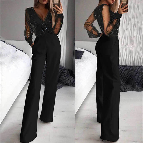 Damen Eleganter Jumpsuit mit transparenten Ärmeln und funkelnden Details R&B