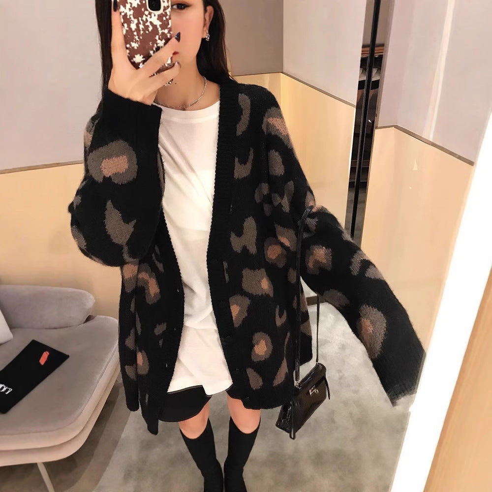 Damen gemütliche Strickjacke mit einzigartigem Leopardenmuster R&B