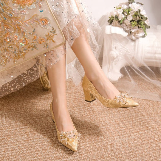 Damen elegante Stiletto-Pumps mit floraler Strass-Applikation R&B