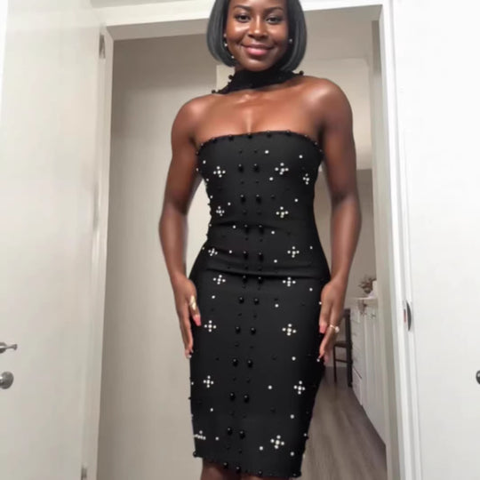 Damen Couture Maxikleid mit schimmernden Pailletten und strapless Design R&B