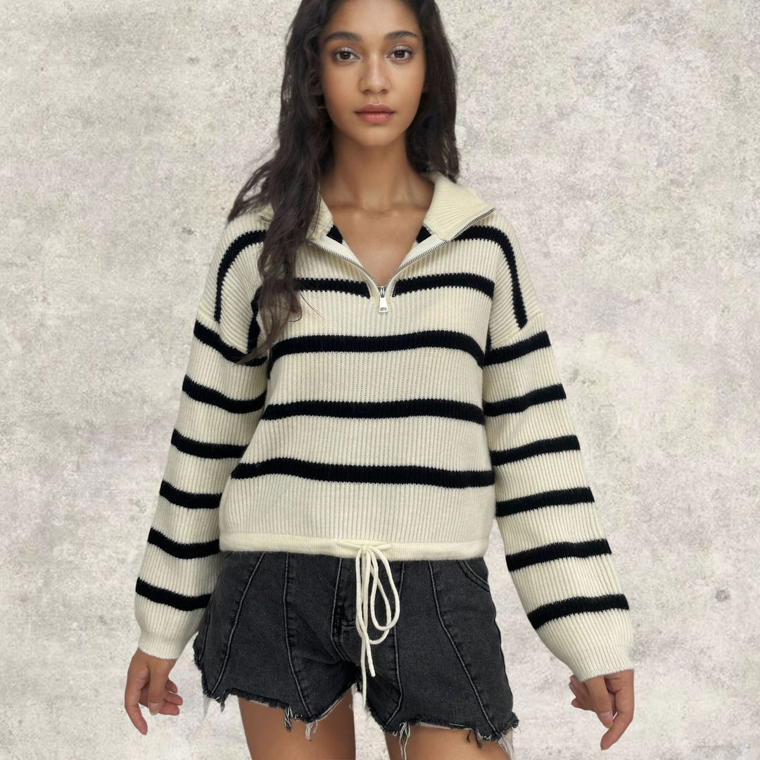 Damen Strickpullover mit Stehkragen und Kordelzug R&B