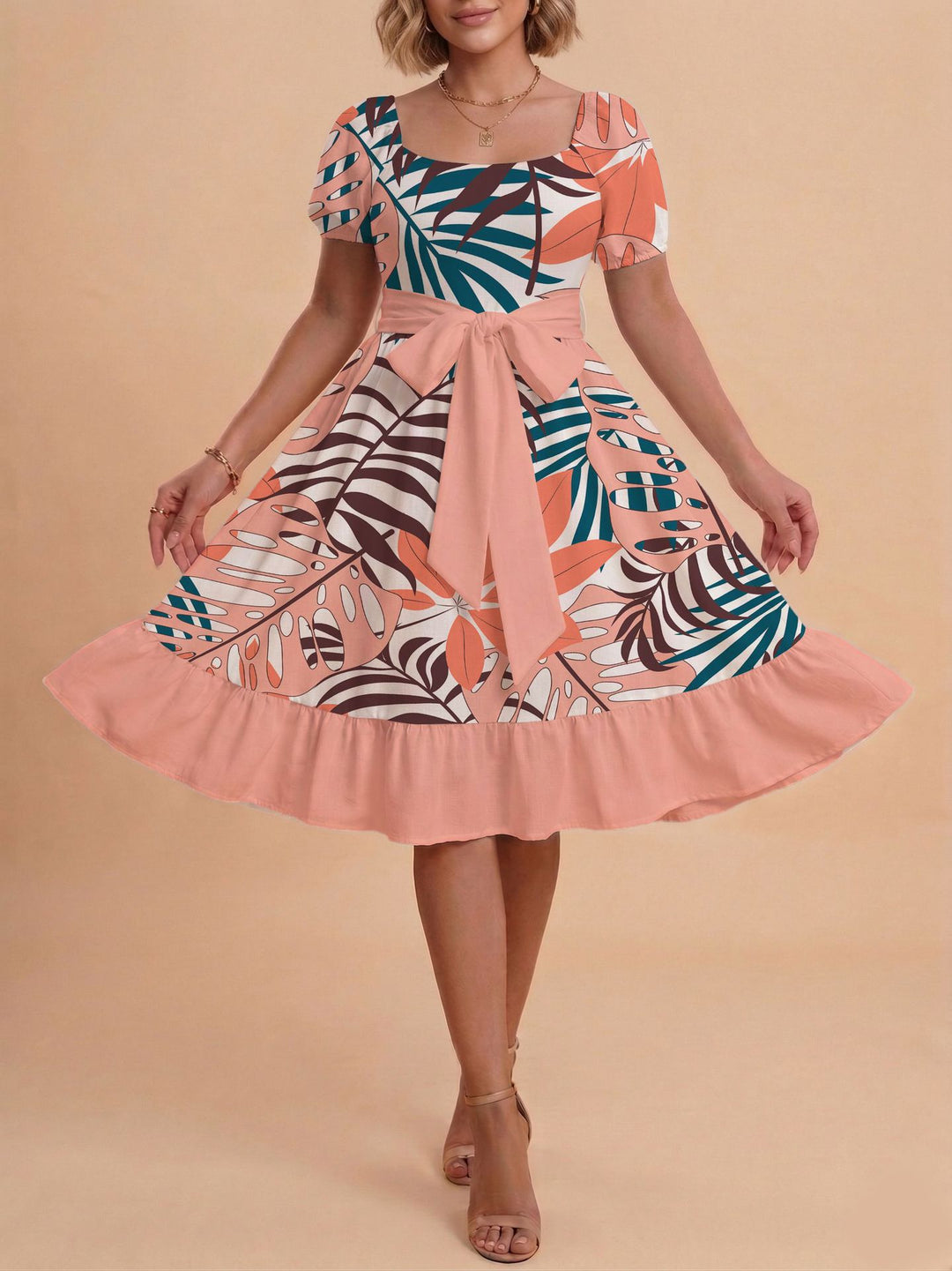 Damen Midikleid mit verspieltem Druck und tailliertem Schnitt R&B