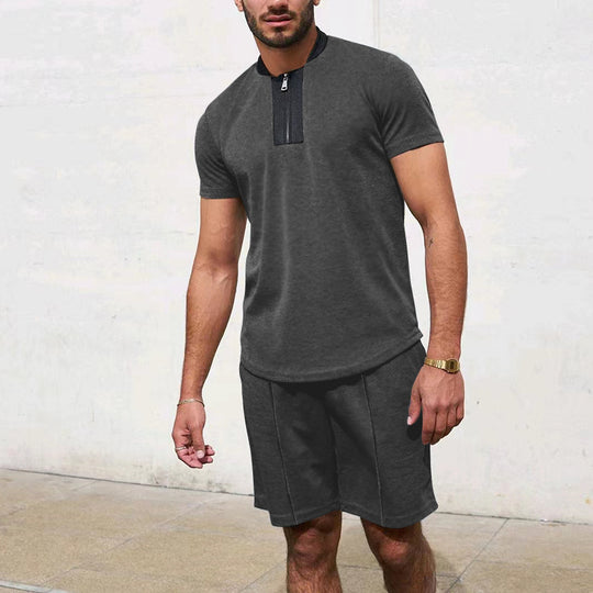 Herren Sportliches Kurzarm-T-Shirt mit Reißverschluss und Joggingshorts R&B