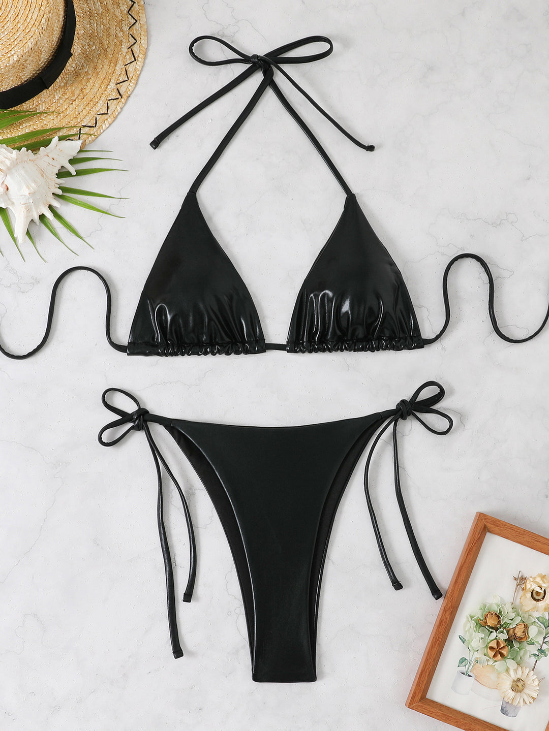 Damen Triangel-Bikini mit glänzendem Finish und verstellbaren Trägern R&B