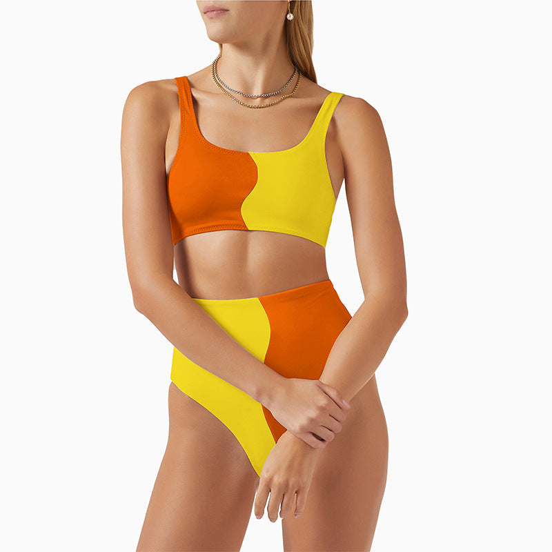 Damen Hochgeschnittenes Bikini-Set mit kontrastierenden Farbblöcken R&B