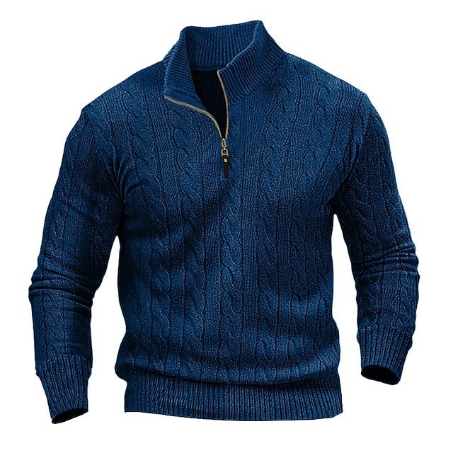 Herren stylischer Strickpullover mit halb offenem Kragen und Zopfmuster R&B