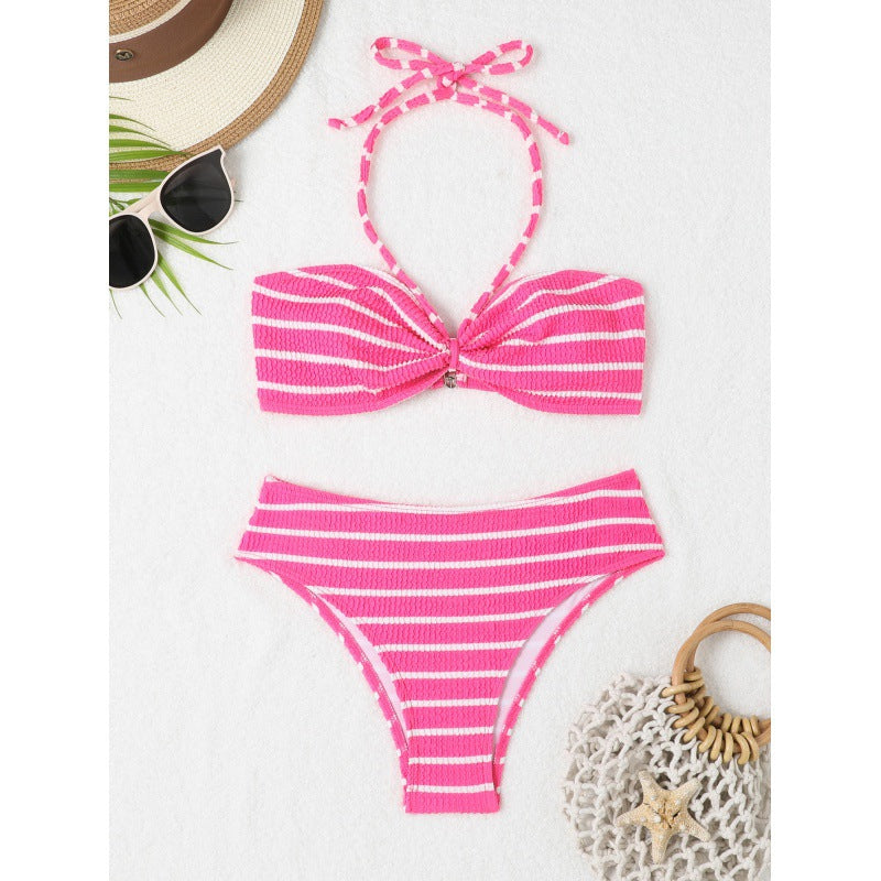 Damen Triangel-Bikini mit verspieltem Streifenmuster und verstellbarem Oberteil R&B