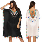 Damen Strandkaftan mit buntem Quastenrand R&B