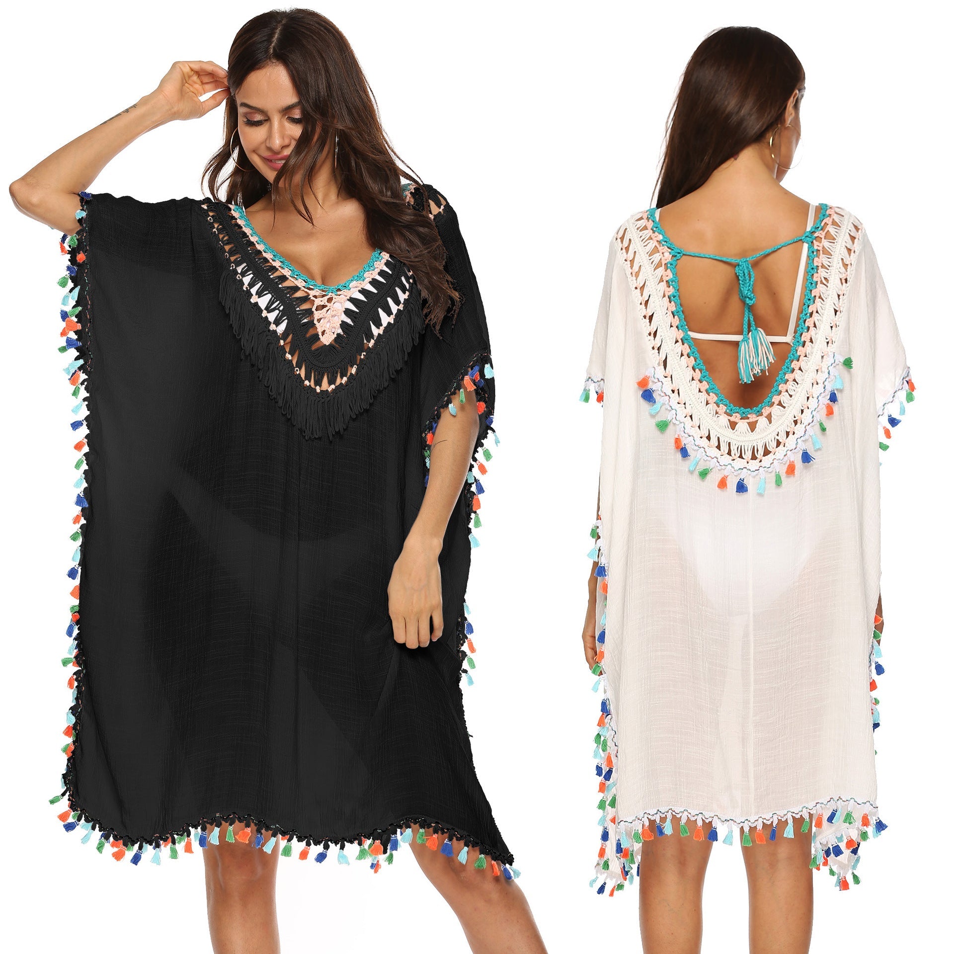 Damen Strandkaftan mit buntem Quastenrand R&B