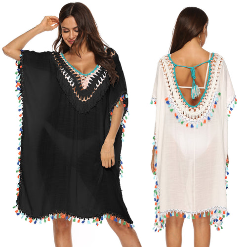 Damen Strandkaftan mit buntem Quastenrand R&B