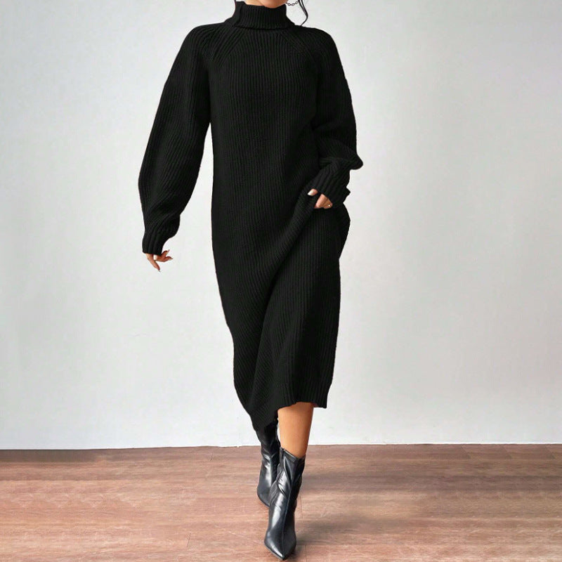 Damen Strickkleid mit hohem Kragen und weiten Ärmeln R&B